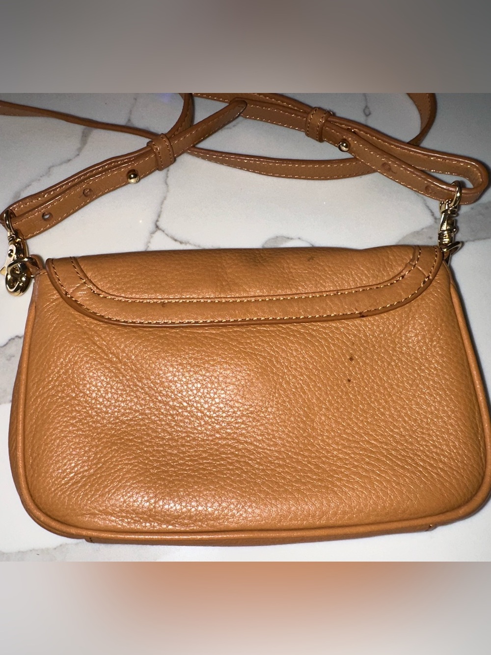 Tory Burch Tan Pebbled Leather Crossbody with Gold Logo w/22” adjustable strap - Picture 2 of 3